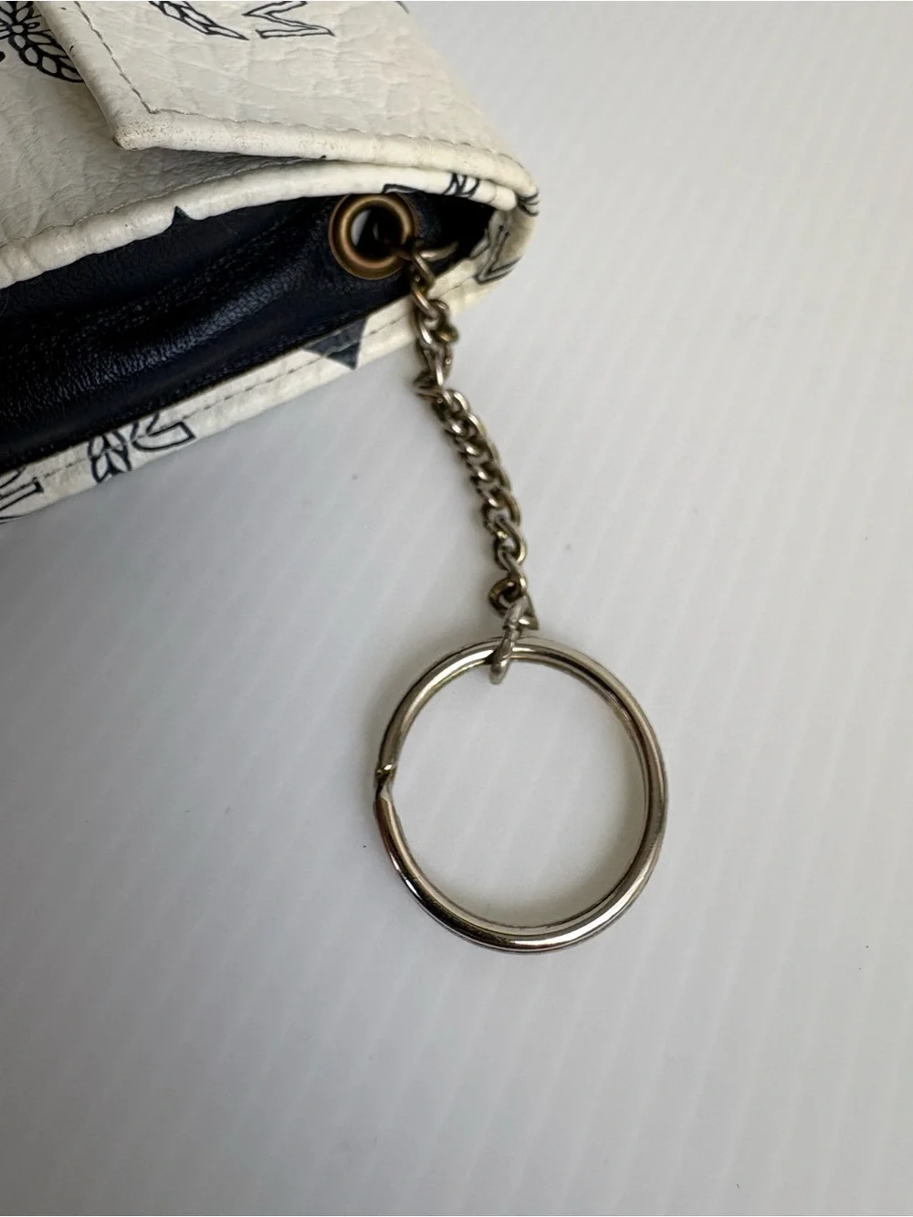 MCM White Leather Logo Key & Card Holder with Black Print